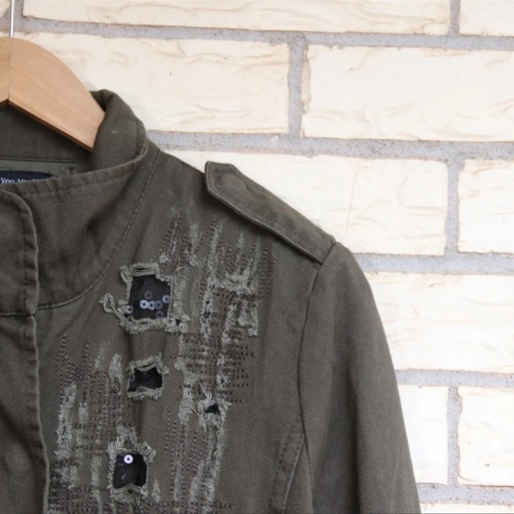 Sequin Distressed Army Military Jacket - Picture 2 of 10